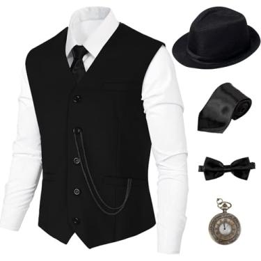 Imagem de Fantasia masculina anos 20, fantasia masculina dos anos 20, conjunto de acessórios, fantasia Gatsby Gangster, roupas masculinas dos anos 20, chapéu, colete, relógio de bolso, gravata borboleta BL0XL