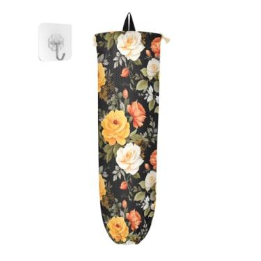 Imagem de Dispensador de saco de compras de flores laranja e amarelo para parede, organizador de sacolas plásticas de cozinha, suporte para sacolas de mercearia