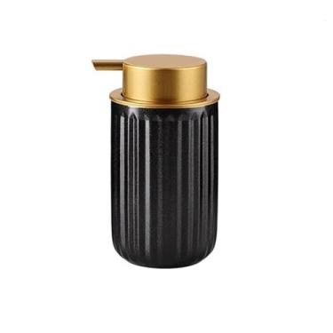 Imagem de Dispensador de sabão de cerâmica com bomba dourada listras verticais pretas dispensador de líquido para mãos para xampu banheiro cozinha (pequeno)
