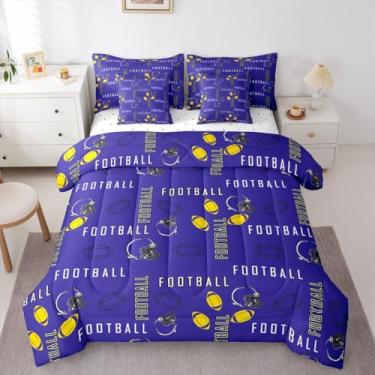 Imagem de jejeloiu Jogo de cama solteiro de futebol americano Baltimore com edredom para crianças, meninos, meninas, futebol americano, cidade, 7 peças, roxo, amarelo, respirável, macio, para decoração de