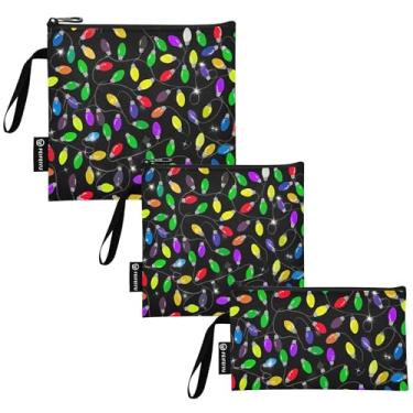 Imagem de TSENQUE Luzes de Natal coloridas pretas reutilizáveis sanduíche lanches sacos de tecido lavável sacos de armazenamento de alimentos com zíper para viagem, trabalho, escritório, escola (pacote com 3: P