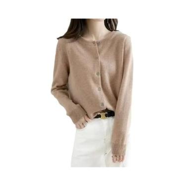 Imagem de Suéter Cardigan Feminino De Gola Redonda, Ajuste Solto, Cor Sólida, To