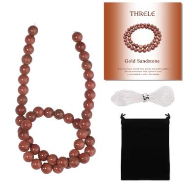 Imagem de THRELE Contas de pedra, 45 peças de pedra preciosa de areia dourada, contas soltas redondas de 8 mm para fazer joias, pulseiras, com bolsa de presente, cordão elástico e cartão de tamanho