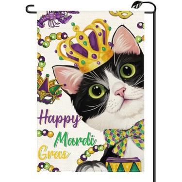 Imagem de Mardi Gras Bandeira de jardim de gato preto 30,5 x 45,7 cm contas de máscara dupla face vertical New Orleans Carnaval primavera pequenas bandeiras fazenda decoração externa para quintal (apenas