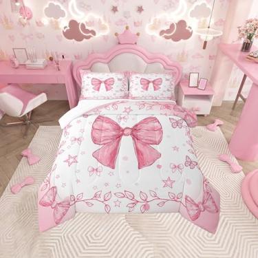 Imagem de jejeloiu Conjunto de edredom com laço para todas as estações, com 2 fronhas, estilo princesa sonhadora, microfibra, roupa de cama casal, rosa, decoração de quarto, edredom respirável, macio e leve