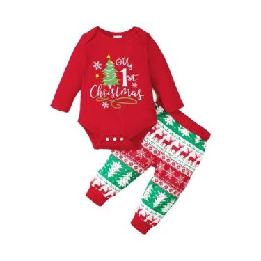 Imagem de Conjunto De Natal Para Bebê Menino 3 Peças Body De Manga Longa Chapéu 