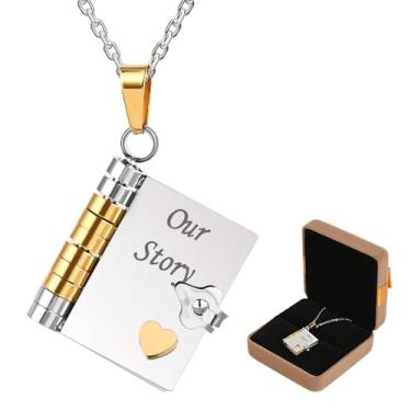 Imagem de Arogheiz Colar de livro de amor para mulheres, aberto com 6 páginas de informações gravadas, presente de memória do Dia dos Namorados, joia para namorada e esposa