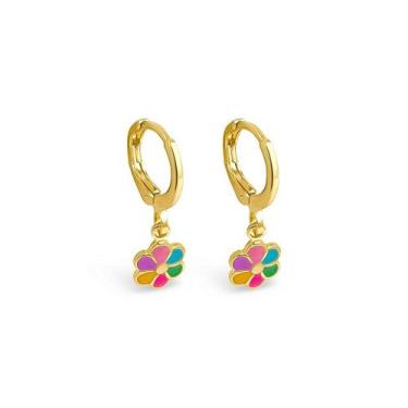 Imagem de Brinco Argolinha Florzinha Multicor Folheado a Ouro para Bebês e Crian