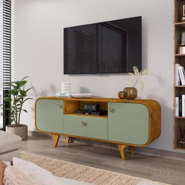 Imagem de Rack para TV Até 55 Polegadas 2 Portas 1 Gaveta com Pés de Madeira Maciça Noronha Bechara