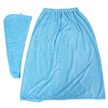 Imagem de CUOFYUNL Conjunto feminino de envoltório corporal, roupão de banho, touca de secagem de cabelo, toalha de banho de microfibra macia para salão de beleza (Azul claro)