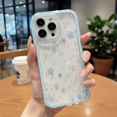 Imagem de Capa para iPhone 15, borda azul com padrões pontilhados, capa de telefone transparente com proteção de câmera de caixa grande, capa protetora feminina elegante de TPU macio e ajuste fino