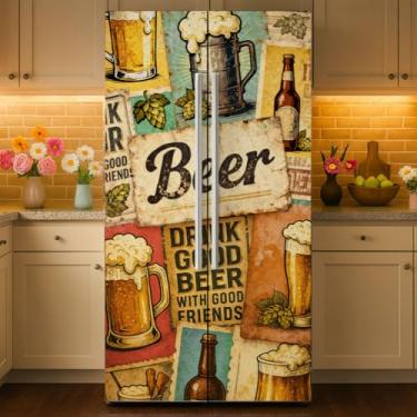 Imagem de GOMAKERER 2 peças de envoltórios de geladeira removíveis com padrão de cerveja vintage, autoadesivo, para porta de geladeira, mural de vinil, freezers, painel para decoração de bar, 40 x 192 cm