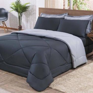 Imagem de Kit Edredom + Jogo De Lençol Aconchego Look House Casal Padrão 6 Peças 80% Algodão , 20% Poliéster- Preto- Cinza