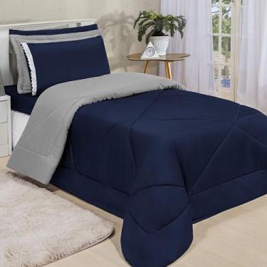 Imagem de Kit Edredom Dupla Face Ternura Solteiro 4 Peças - Azul Marinho e Cinza