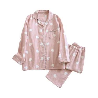 Imagem de Conjunto De Pijama Feminino 100% Algodão De Manga Longa Para Primavera