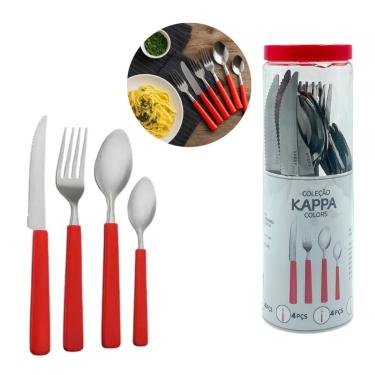 Imagem de Jogo de Talheres Cabo Vermelho 16 Peças Garfo Faca Colher