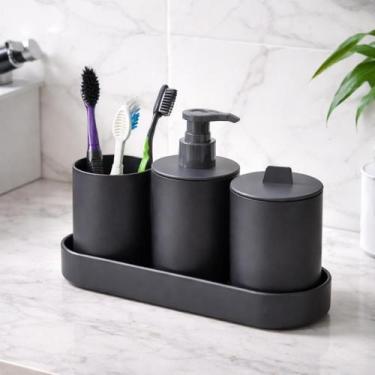 Imagem de Kit 4 Peças Pia Banheiro Dispenser Porta Escova Algodão Preto Fibra Ba