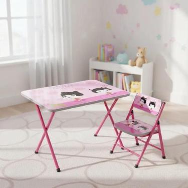 Imagem de Mesa Infantil Rosa Com Cadeira Dobrável Metal Estudo Lanche - Yeet