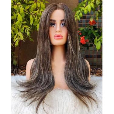 Imagem de Peruca front lace castanho luzes franjão lisa longa repicada - WIGUEIR