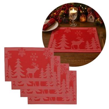 Imagem de Jogo Americano Natalino PVC Vermelho Luxo Pinheiros e Rena 4 Peças 30x45cm Yangzi