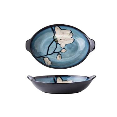 Imagem de Prato de macarrão chinês pintado à mão de cerâmica pratos de jantar de 28 cm com alça dupla de orelha para peixe cozido no vapor, prato de jantar grande de porcelana