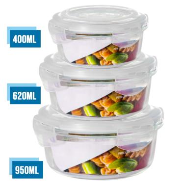 Imagem de Conjunto 3 Tamanhos Pote Hermético Vidro Kit Redondo