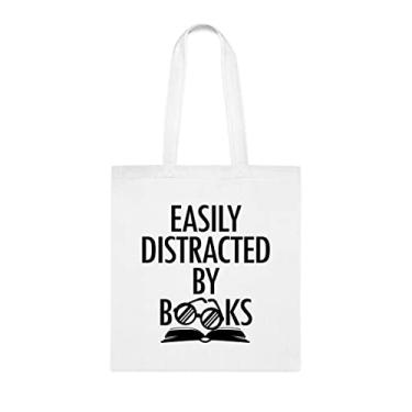 Imagem de Sacola Easy Distracted By Books, presente para amantes de livros, bolsa de ombro para livros, sacos reutilizáveis para livros, ideia de e cesta de Natal, Branco