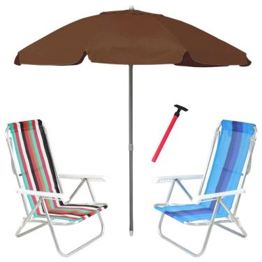Imagem de Kit Praia 2 Cadeira 8 Pos Alumínio Guarda Sol 2,4m Bagum Marrom Saca Areia Pressão - Belfix