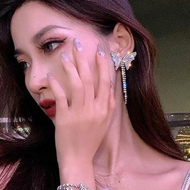 Imagem de Xerling Brincos de borboleta de strass com corrente de borla cintilante corrente de franja brincos de borboleta para festa de formatura casamento