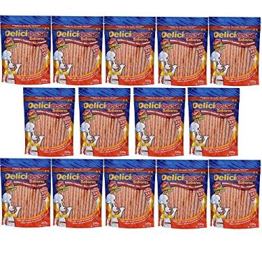 Imagem de Combo Caixa fechada Palitinho para cães 14 pacotes Ossinho Palito Fino Salmão Deliciosso Cães 200g - 644 unidades