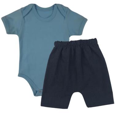 Imagem de Conjunto Body Manga Curta e Short / Bermuda Saruel Sarja Jeans - Roupa Bebê Menino - SempreBebê-Masculino