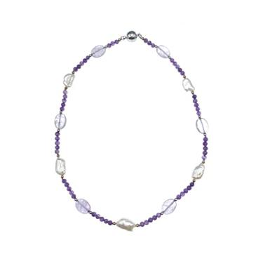 Imagem de Colar de ametista roxa oval 4 mm branco com pérolas em bastão para mulheres colar gargantilha casual 45,7 cm, Pedra, Ametista