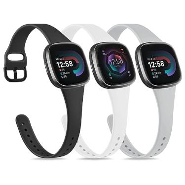Imagem de IEOVIEE Pulseiras compatíveis com Fitbit Versa 4 pulseiras/Fitbit Versa 3 pulseiras/Sense 2 pulseiras/Fitbit Sense pulseiras de relógio para mulheres, pulseiras de silicone fino macio pulseira de substituição (preto + cinza + branco)