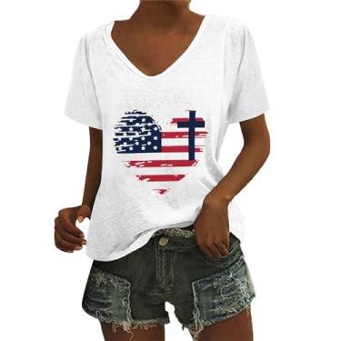 Imagem de Camiseta feminina 4 de julho, blusas do Dia da Independência, camiseta estampada com bandeira dos EUA, túnica, camiseta casual de verão, Branco, XXG