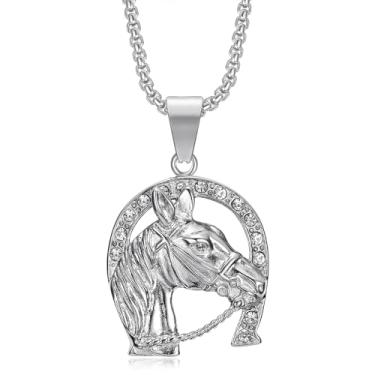 Imagem de NEGS Colar de aço inoxidável com pingente de cavalo da sorte banhado a ouro 18 K, 2 peças de correntes em camadas de 51 cm de 61 cm, joias de festa em ferradura hip hop, presente de animal para homens