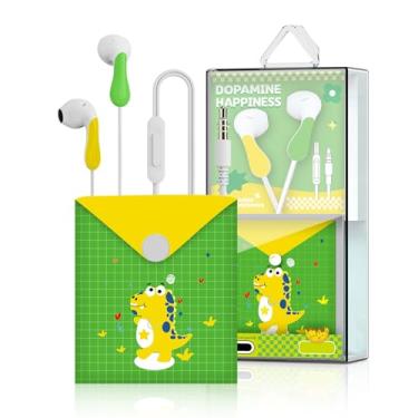 Imagem de QearFun Fones de ouvido intra-auriculares estilo dinossauro para crianças, fones de ouvido graves pesados com fio, fone de ouvido com isolamento de ruído de microfone, presentes para meninas da escola