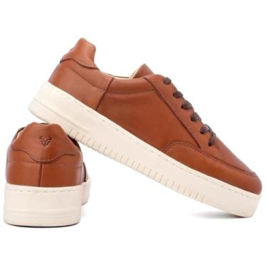 Imagem de Tenis Masculino de Couro Legitimo Sneaker Sapatenis Casual Branco Preto e Pinhao Palmilha de GEL Perfeito Para Todas as Ocasiões, Casamento, Trabalho, Ano novo, Natal Festas (Marrom, BR, Adulto, Numérico, 42)