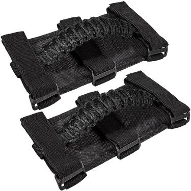 Imagem de Puxador de barra de rolo para Jeep Wrangler YJ TJ JK JKU JL JLU Sports Sahara Freedom Rubicon Unlimited X Gladiator JT 1955-2022 UTV ATV Premium Paracord (Preto 2 peças)