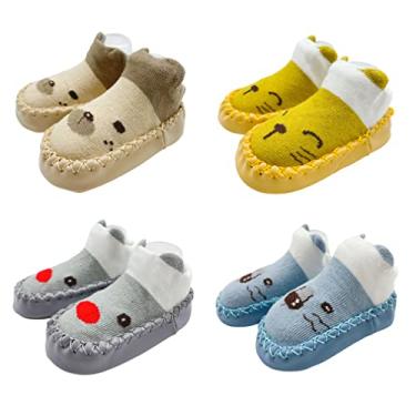 Imagem de FedMois 4 pares de meias antiderrapantes para bebês meninos e meninas, Gatos e ursos, 12-18 Months