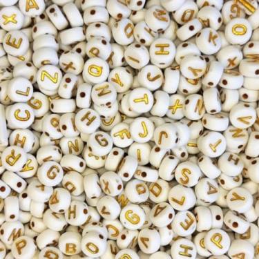 Imagem de 500g Miçangas Letras Alfabeto Redonda aprox 4000 pçs Missanga Bijuteria Artesanato (Branco e Dourado)