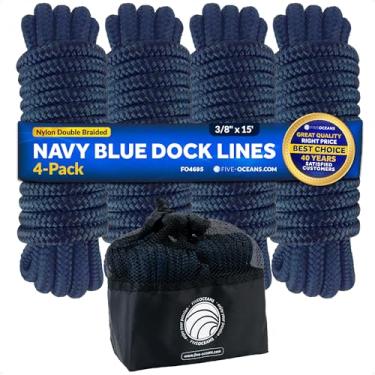 Imagem de Five Oceans Pacote com 4 linhas de doca de barco de 9,5 cm x 4,5 m com ilhós de 30,5 cm, corda de nylon trançada dupla premium azul marinho de grau marinho, cordas de barco para ancoragem com laço ou