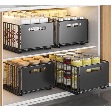 Imagem de YunNasi Organizador de armário com gavetas, prateleiras de armazenamento, organizador de armário, cesta deslizante para cozinha, sem perfuração e pregos, preto, 4 peças 25 cm L x 38 cm P x 19 cm A)