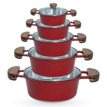 Imagem de Jogo de Panelas 5 Peças De Alumínio Fundido Com Alça De Madeira e Tamp