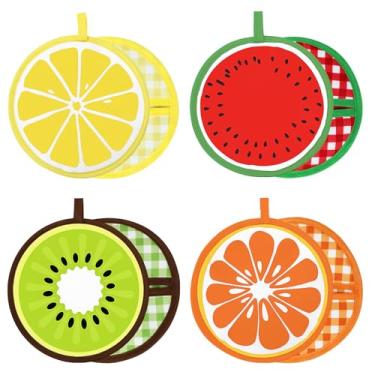 Imagem de FYSUIMU Pacote com 4 suportes de panela de frutas, resistente ao calor, laranja, limão, kiwi, melancia, cozinha, almofada quente, panela, pegador de panela, luva de forno, tapete de tripé para mesa de