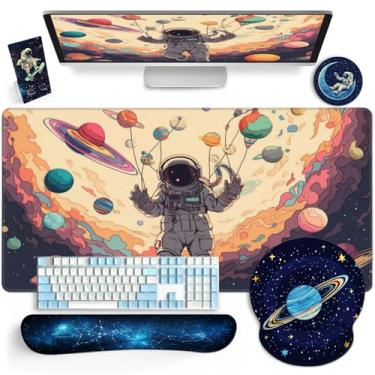 Imagem de AQQA Mouse pad grande 5 em 1 para jogos, mousepad com suporte de pulso - mouse pad ergonômico para mesa para jogos - porta-copos para copos, mouse pad de teclado, tapete de mesa com bordas costuradas