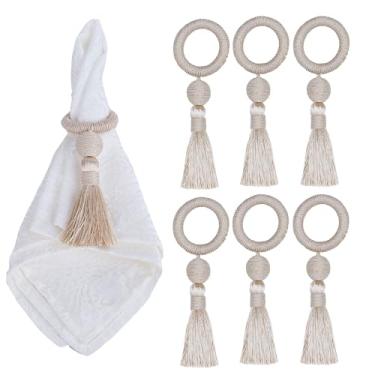 Imagem de HedongHexi Conjunto De 6 Anéis Guardanapo, Madeira Com Borla, Borla Para Decoração Casa, Mesa Porta-Anéis Rústico (Bege, 6P)