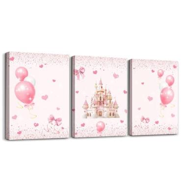 Imagem de Erosebridal Conjunto de 3 arte de parede em tela de castelo sonhador, lindas imagens de princesa rosa, decoração de parede para meninas, crianças e mulheres, impressão de pôster de laço de fita rosa