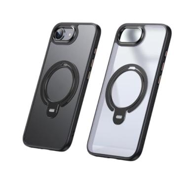 Imagem de Capa protetora transparente fosca com suporte magnético giratório 360˚ e anel duplo para iPhone 16E (para iPhone 16E/preto)