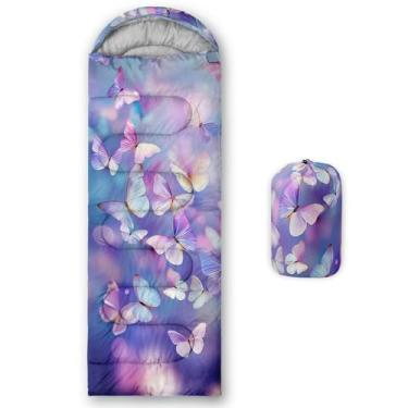 Imagem de QOOMO Sacos de dormir coloridos borboletas à prova d'água para adultos e crianças, sacos de dormir estampados para acampamento, clima quente e frio, leve, viagem e ao ar livre, equipamentos de