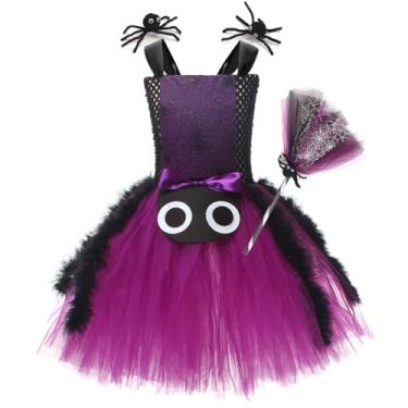 Imagem de Fantasias de Halloween para meninas, vestido tutu sem mangas, fantasia de aranha infantil, fantasia de bruxa, teia de aranha, cosplay infantil com clipes de cabelo, vassoura, 3 peças, roxo, 2-3 anos